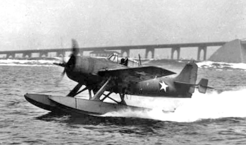 The sole Grumman XF4F-3S Wildcatfish takes off from the waters near Norfolk Naval Air Station in 1943. Note the added auxiliary fins on the tailplane for added stability. Later, a ventral fin was also added beneath the tail. (US Navy)