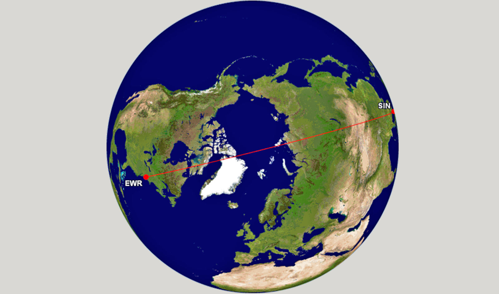 This view from the top of the world shows the great circle route over the Arctic. (Great Circle Mapper)