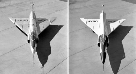 YF-102 (left) and YF-102A, showing redesigned area rule fuselage with tapered waist (NASA)