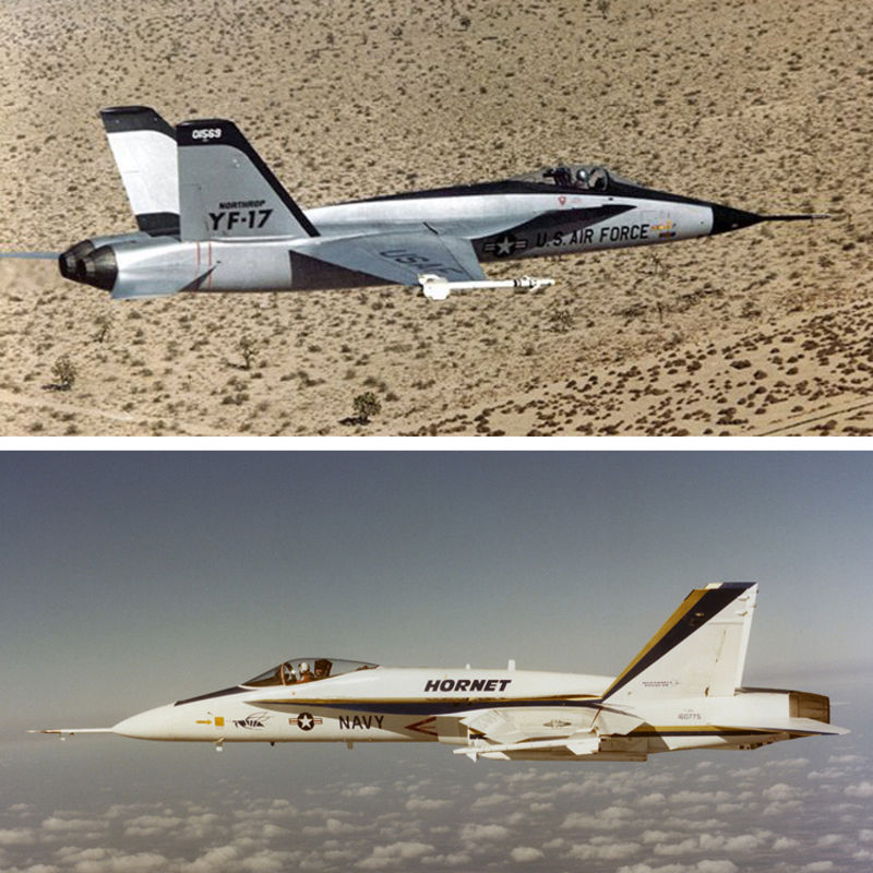 The unsuccessful Northrop YF-17, top, and the prototype McDonnell Douglas YF-18 below. The most notable difference is the larger dorsal hump for added fuel and reshaped nose. (US Air Force; US Navy)