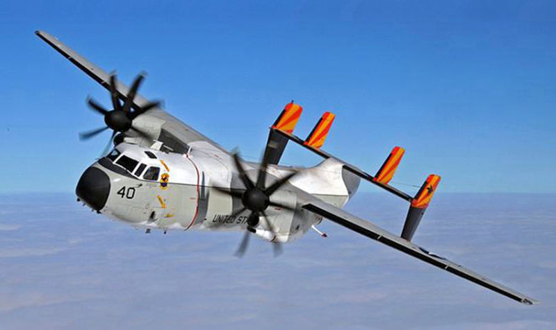 A C-2A Greyhound of fleet logistics support squadron VRC-40 Rawhides photographed in 2009. The A model Greyhound received upgrades to avionics, engines, and a new 8-bladed propeller. (US Navy)