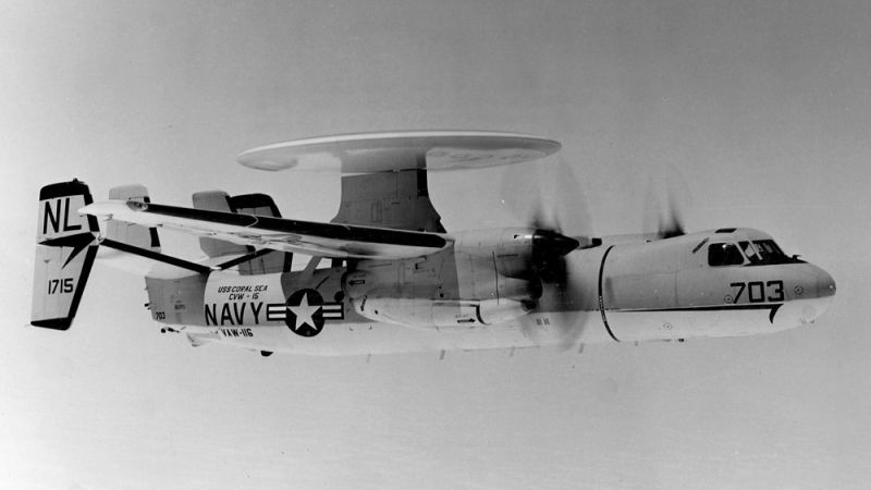 A Grumman E-2A Hawkeye, the aircraft that formed the basis for the C-2 Greyhound. The Greyhound had a larger fuselage to accommodate more cargo and fuel, and rear cargo door was added. (US Navy)