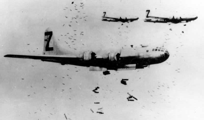 B-29s Superfortresses from 500th Bombardment Group drop incendiary bombs over Japan in 1945 (US Air Force)