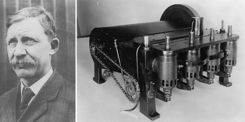 Charlie Taylor, and the four-cylinder aircraft engine he built from scratch for the Wright Brothers. (Smithsonian Institution)