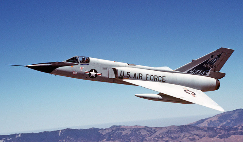 The second-to-last active duty F-106A Delta Dart flies over the Mojave Desert on its way to Davis-Monthan Air Force Base in Arizona where it will become a QF-106 drone. Before its retirement, this aircraft was used as a chase plane in the B-1B Lancer flight test program. (US Air Force)