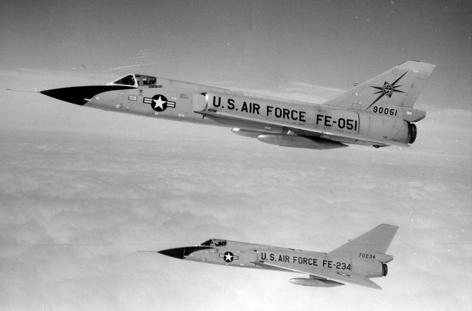 Two US Air Force Convair F-106A Delta Darts of the 318th Fighter Interceptor Squadron from McChord Air Force Base patrol the skies over Alaska in 1963 (US Air Force)