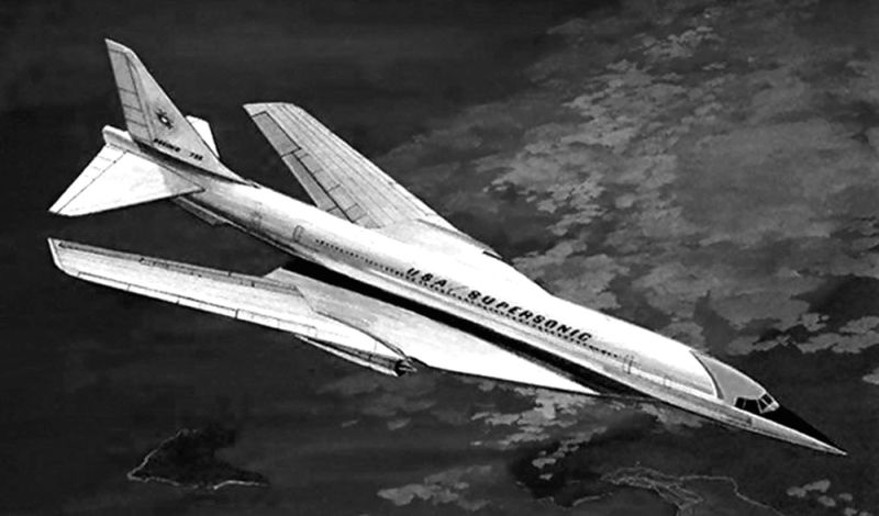 An illustration of an early concept for the Boeing 2707 with variable geometry wings. Designers ultimately opted for a traditional delta wing to limit weight and complexity. (Author unknown)