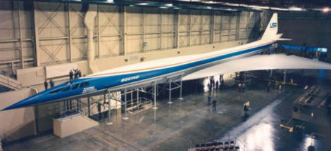 The completed mockup of the Boeing 2707. Some idea of the SST’s size can be gleaned from the people standing on scaffolding next to the model. (Boeing)