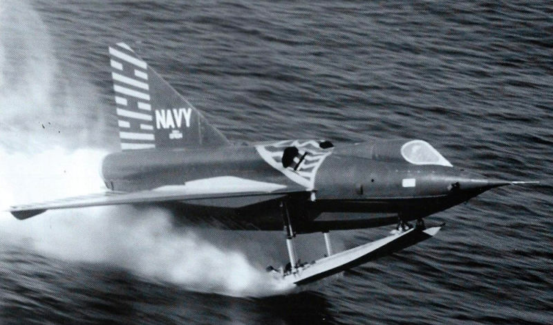The XF2Y-1 Sea Dart, with a single landing ski. The single ski was found to be unacceptable, and was changed to a two-ski configuration with the XF2Y-2. (Convair)