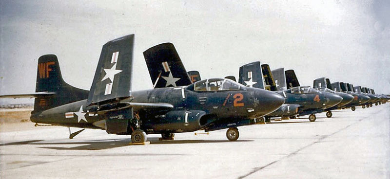 US Marine Corps Douglas F3D-2 Skyknights of Marine Night Fighter Squadron VMF(N)-513 “Flying Nightmares” parked on the flightline, circa 1952 (US Navy)