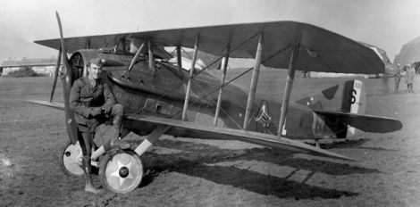 American ace Eddie Rickenbacker with his SPAD S.XIII. Note the Hat-in-the-Ring squadron logo on the side of the fuselage (US Air Force)