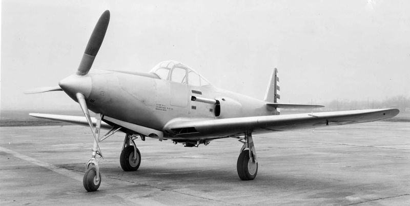 Bell XP-39 prototype. Note the air intake for the turbo-supercharger on the side. This was removed after NACA wind tunnel testing. (San Diego Air and Space Museum)