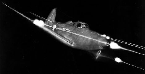 The Airacobra shows its fangs. Machine guns fire from the wings and ahead of the cockpit, while the cannon fires from the propeller spinner. (US Air Force)