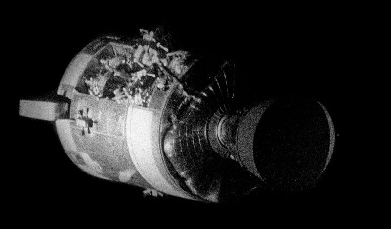 The extent of the damage to the Service Module is evident in this photo taken by Apollo 13 astronauts (NASA)