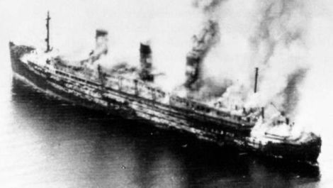 SS Cap Arcona on fire after RAF attacks (Royal Air Force)