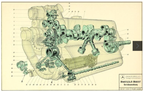 The inverted Daimler-Benz engine, with the canon shown mounted beneath and between the cylinders.