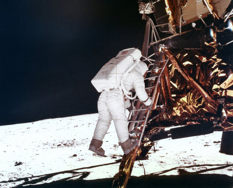 Buzz Aldrin descends the ladder from the Lunar Lander to join Neil Armstrong on the surface of the Moon (NASA)
