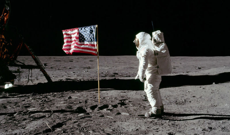 Astronaut Buzz Aldrin salutes the American flag at Tranquility Base on the Moon (NASA)