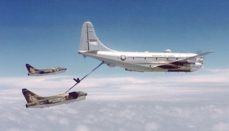  Boeing KC-97L Stratofreighter of the Missouri Air National Guard refuels two US Air Force Vought A-7D Corsair IIs of the 23rd Tactical Fighter Wing. Note the nose-up attitude of the Corsairs as they slow to keep pace with the tanker. (US Air Force)
