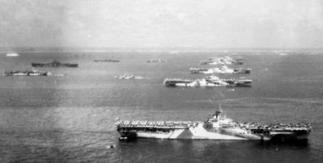 Murderer’s Row: US Third Fleet aircraft carriers at anchor in Ulithi Atoll photographed in December 1944. From front to back, the carriers are USS Wasp (CV-18), USS Yorktown (CV-10), USS Hornet (CV-12), USS Hancock (CV-19) and USS Ticonderoga (CV-14). USS Lexington (CV-16) lies to the left. (US Navy)