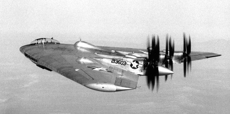 The Northrop YB-35 in flight. Note the contra-rotating pusher propellers. (US Air Force)