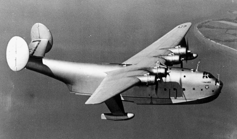 The prototype Martin XPB2M-1 Mars in flight in 1942. Designed as a bomber, it was later converted to transport ultimately beached at Alameda, California in mid-1945, before being scrapped. (US Navy)