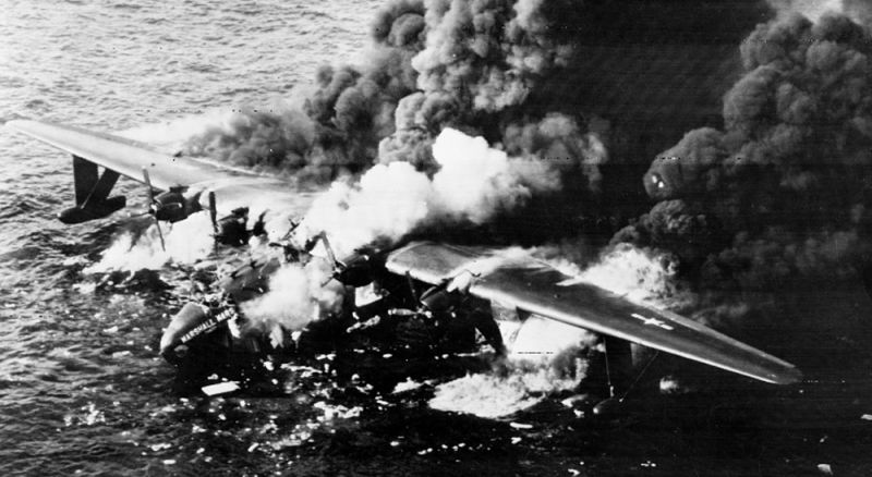 The Marshall Mars on fire near Honolulu on April 5, 1950 (US Navy)