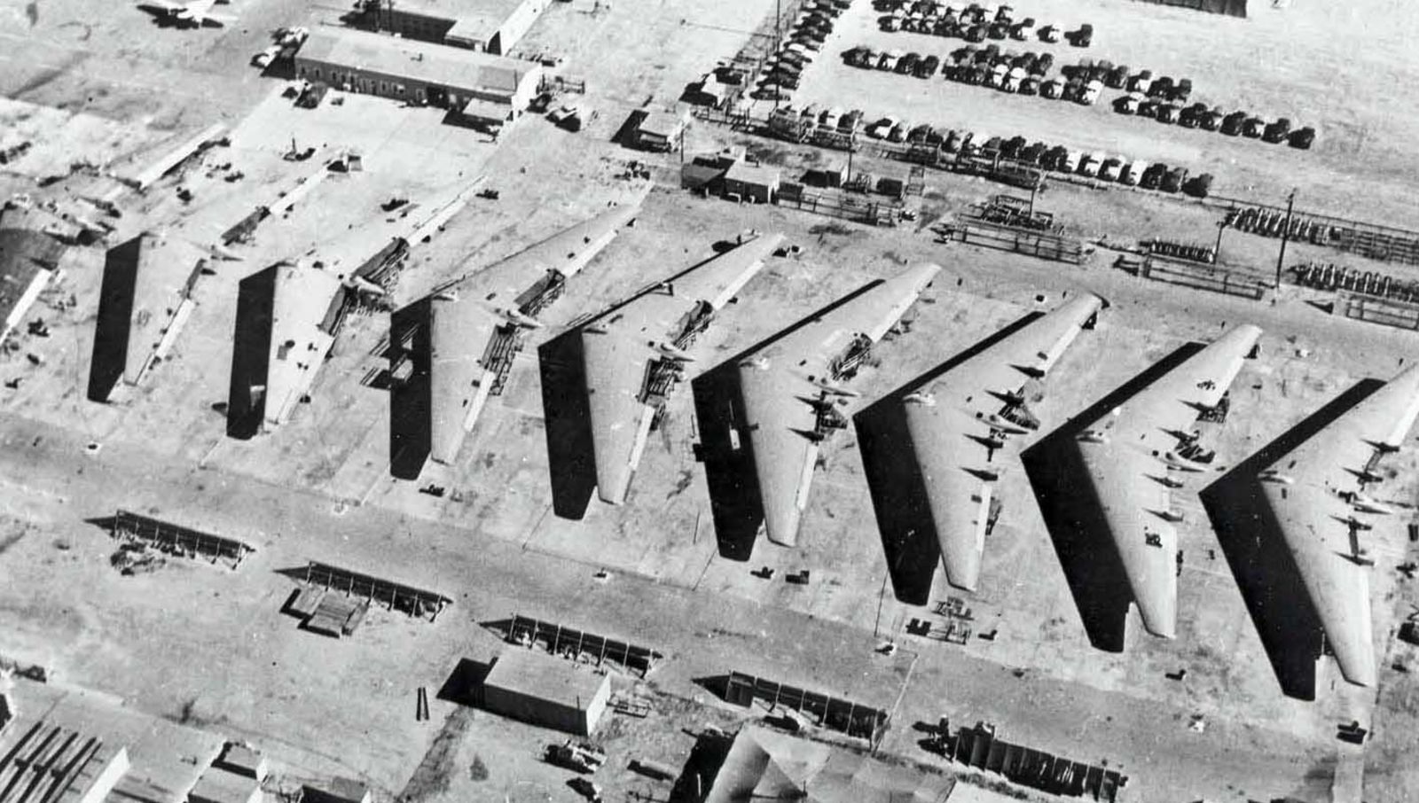 Uncompleted B-35s lined up at Northrop’s California factory awaiting conversion to YB-49. All of these airframes were eventually scrapped. (US Air Force)