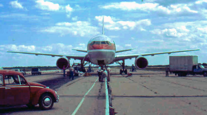 The Gimli Glider was raised back onto its nose wheel, made airworthy, then flown to a maintenance facility in Winnipeg two days after landing at Gimli. The 767 was then returned to service and flew without incident until 2008. (Wikimedia)