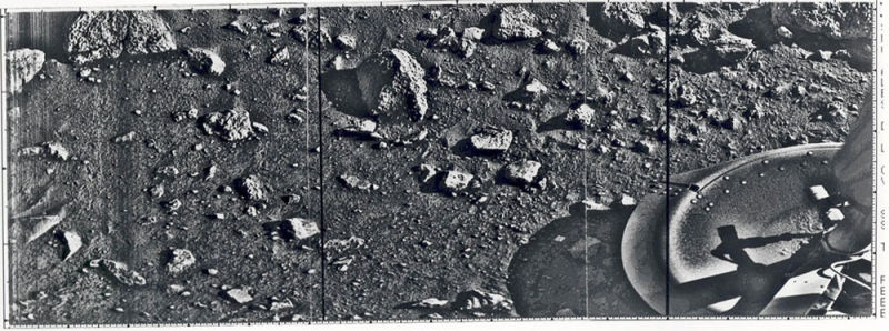 While widely shown as the first image from Mars, this is actually the second, as the first did not contain any clear imagery. NASA wanted the foot of the lander in the photo since it was believed that earlier Russian landers had sunk into the surface after landing. Enhanced photo. (NASA)
