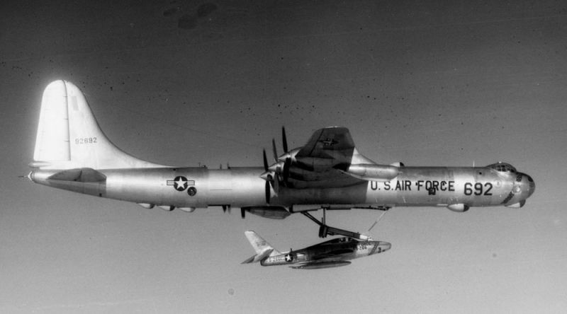In an effort to provide fighter protection on long missions, this RB-36 was modified to carry a Republic RF-84K Thunderflash as part of the FICON project. (US Air Force)