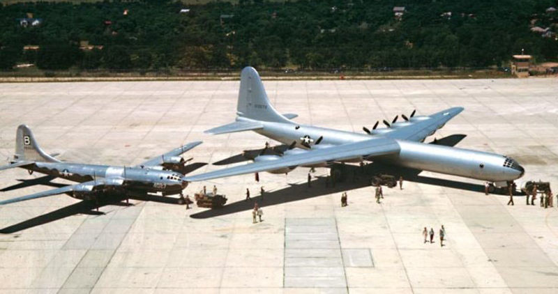 In a stark display of just how massive the B-36 was, here it dwarfs a B-29 Superfortress at Carswell AFB in Fort Worth in 1948. (US Air Force)