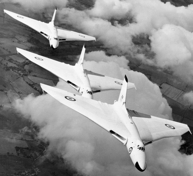 A trio of Vulcans painted in early anti-flash white in 1957 (RAF)