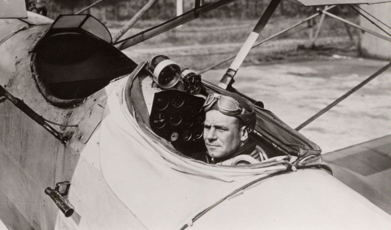 Doolittle sits in the rear cockpit of the NY-2. The hood that enclosed the cockpit is retracted. (Smithsonian)