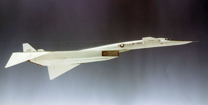 North American XB-70 Number 1 in flight. Note the lowered wingtips to take advantage of the compression left. (US Air Force)