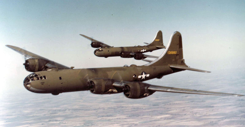 Pre-production YB-29 Superfortresses. Production aircraft were delivered unpainted. (US Air Force)