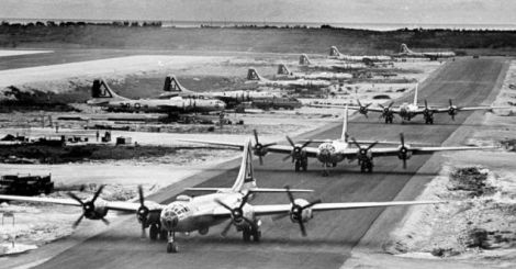 B-29s operating from Tinian in the Mariana Islands in 1945. Japanese-held islands were captured and quickly turned into forward air bases. (US Air Force)