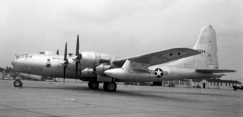 Boeing B-50D Superfortress. Note the more powerful engines, enlarged vertical stabilizer, and external fuel tanks. Developed from the WWII-era B-29, the B-50 served until 1965. (US Air Force)