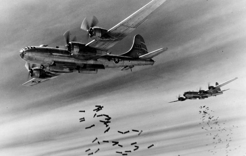 B-29s of the 468th Bombardment Group attack Rangoon Burma in 1945 (US Air Force)
