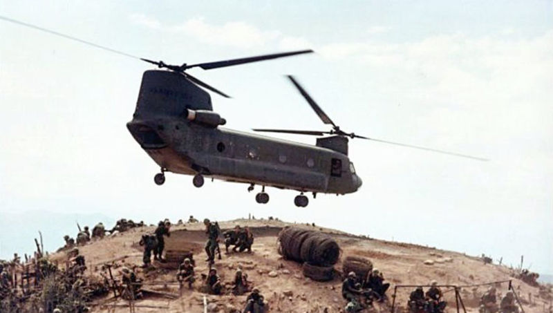 A Chinook brings supplies to a hilltop in Vietnam in 1967. (US Army)