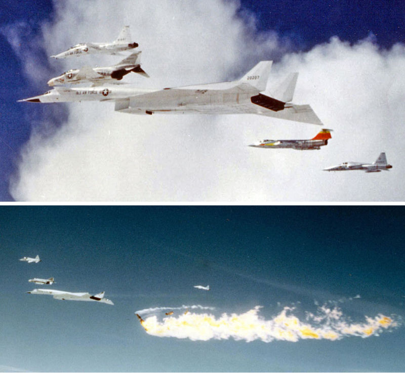 XB-70 Number 2 flies with four other aircraft powered by General Electric engines. Shortly after this top photo was taken, the pilot of the Lockheed F-104 Starfighter (second from right with red tail) lost control and flipped over the top of the Valkyrie, breaking off the vertical stabilizer and rendering the giant bomber uncontrollable. The F-104 pilot and one XB-70 pilot were killed. (US Air Force)