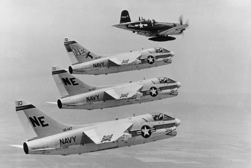 Family photo: A Vought F4U-7 Corsair leads a formation of LTV A-7A Corsair II from US Navy Attack Squadron VA-147 Argonauts over California in July 1967. The Corsair IIs would soon be deployed to Vietnam aboard the aircraft carrier USS Ranger. (US Navy)