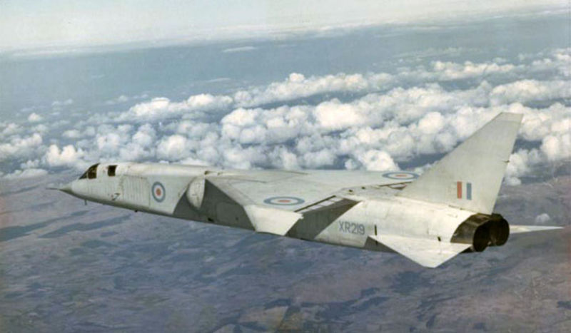 Aircraft XR219 in flight, the only TSR-2 to fly. Twenty-four test flights were made over a six-month period before the project was canceled. (Author unknown)