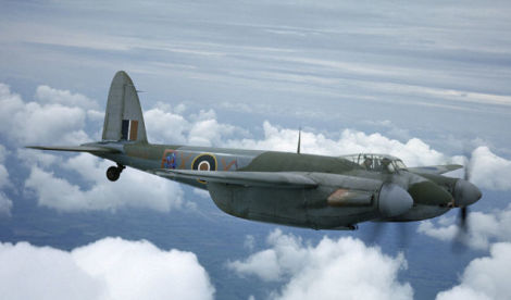 A de Havilland Mosquito IIF of No. 456 Squadron RAAF in flight. A wartime censor has scratched out the wingtip antennae of the Airborne-Interceptor radar. (RAF)