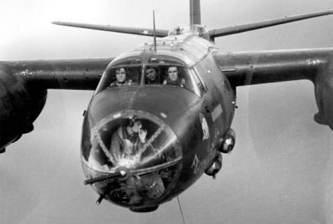 A closeup photo of the crew of the B-26B Marauder Fightin’ Cock. This aircraft was lost to a landing accident in August 1944 after sustaining battle damage during a mission over France. (US Air Force)