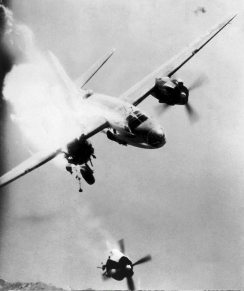 Though Marauder crews suffered the fewest combat losses of any American bomber type, bombing missions were still risky business. Here a B-26 suffers a direct hit by flak over Toulon, France in 1944. (US Air Force)