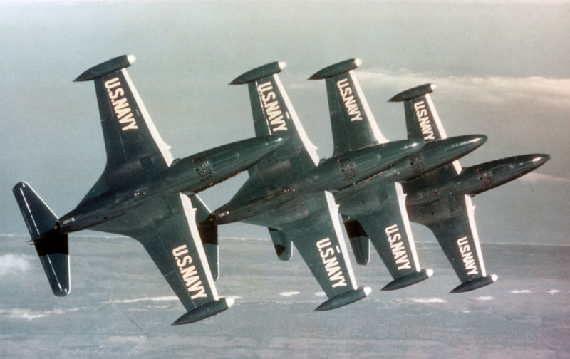 F9F-5 Panthers flown by the US Navy Blue Angels demonstration squadron. The Panther was the first jet flown by the Blue Angels, serving from 1951-1954. (US Navy)