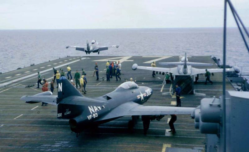 F9F-2 Panthers fighters of fighter squadron VF-93 Blue Blazers launch for a mission over Korea from the aircraft carrier USS Philippine Sea (CV-47) during the Korean War. (US Navy)