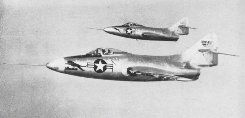 Two Grumman F9F Panther prototypes in flight in 1948. The front Panther is the XF9F-3 with an Allison J33-A-8 engine, the rear plane is a XF9F-2, powered by a Pratt &amp; Whitney J42-P-6 engine, a licence-built Rolls-Royce Nene. Note the lack of wingtip fuel tanks. (US Navy)