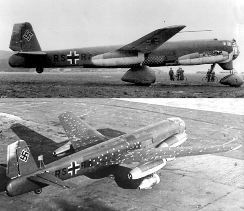 The Ju 287 test aircraft. The main purpose of the wing placement on the 287 was for placement of the bomb bay at the aircraft’s center of gravity. (Top: USAF; Bottom:  Author unknown)
